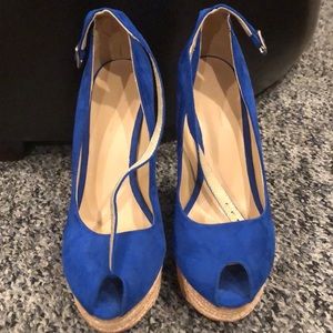 ZARA BLUE SUEDE ANKLE STRAP PEEP TOE WEDGES